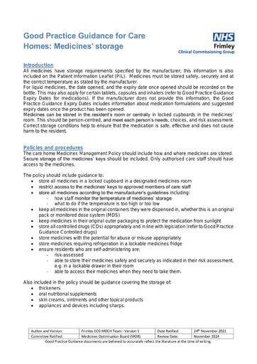 Medicines storage - good practice guide