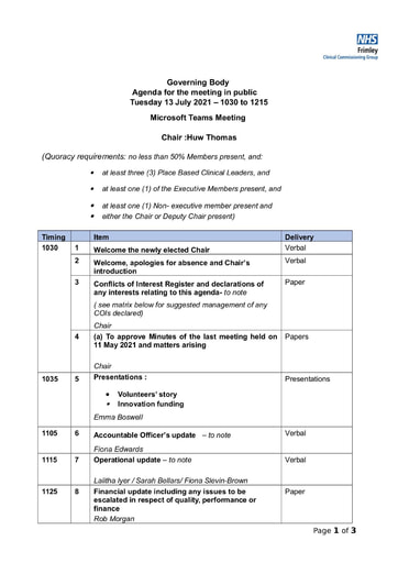 13 07 21 Governing Body meeting in public pack of papers