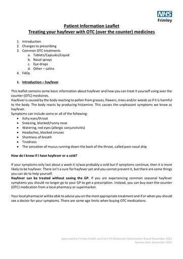Treating your hayfever (a patient information leaflet)