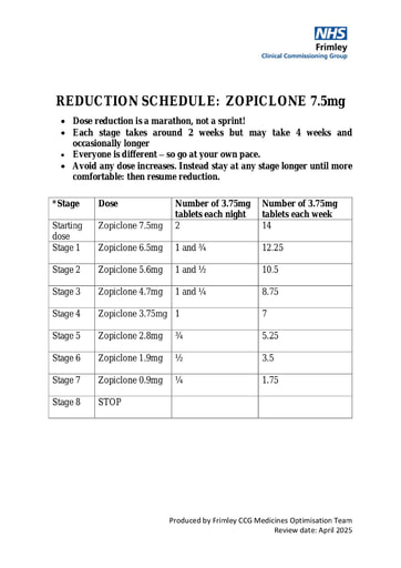 Reduction schedule-zopiclone 7.5mg