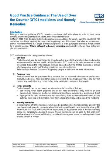 Over the counter (OTC) medicines and homely remedies- good practice guide