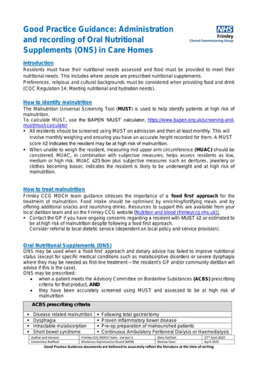 Administration and recording of Oral Nutritional  Supplements (ONS) in care home-good practice guide