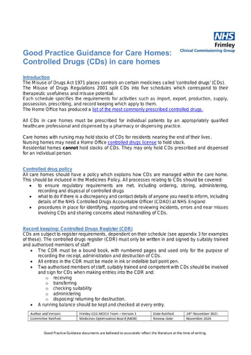 Controlled drugs in care homes - good practice guide