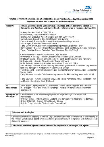 Meeting of Frimley Commissioning Collaborative Board 8 September 2020