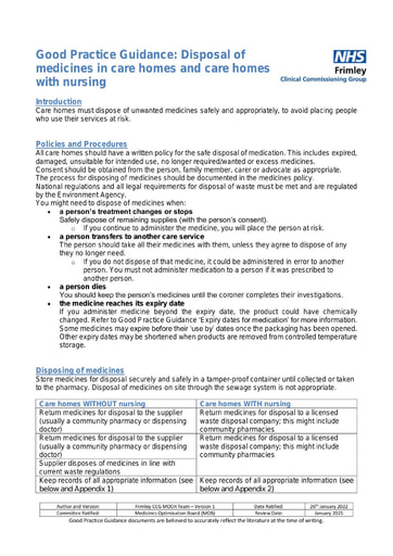 Disposal of medicines in care homes- good practice guide