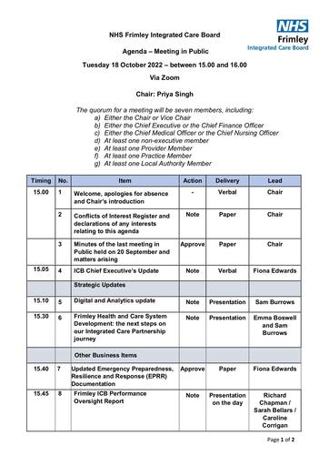 NHS Frimley Integrated Care Board meeting in public 18 October 2022