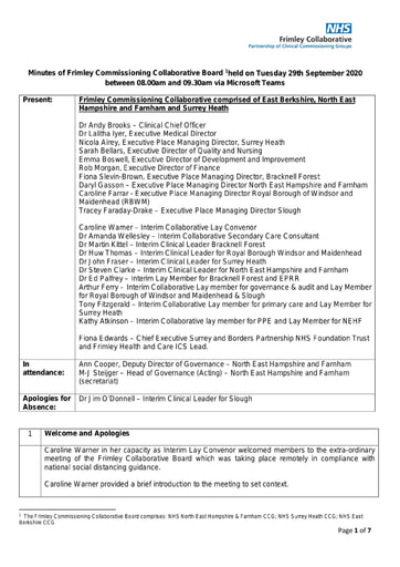 29.09.20 Meeting of Frimley Commissioning Collaborative Board