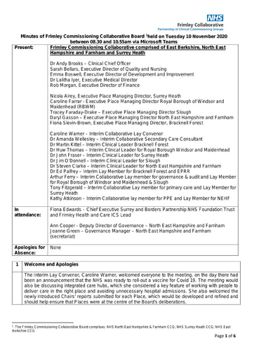 Meeting of Frimley Commissioning Collaborative Board 10 November 2020