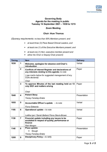 14.09.21 Governing Body meeting in public pack of papers