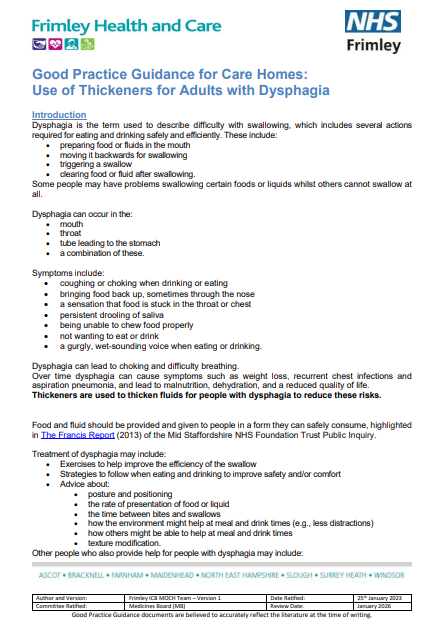 Use of thickeners for adults with dysphagia- good practice guide