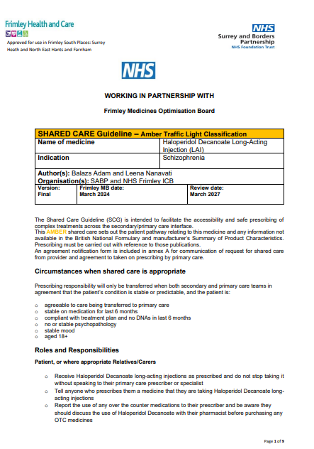 Haloperidol long acting injection for schizophrenia -shared care