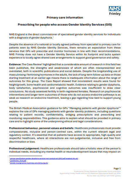 Primary care information-  prescribing for people who access Gender Identity Services (GIS)