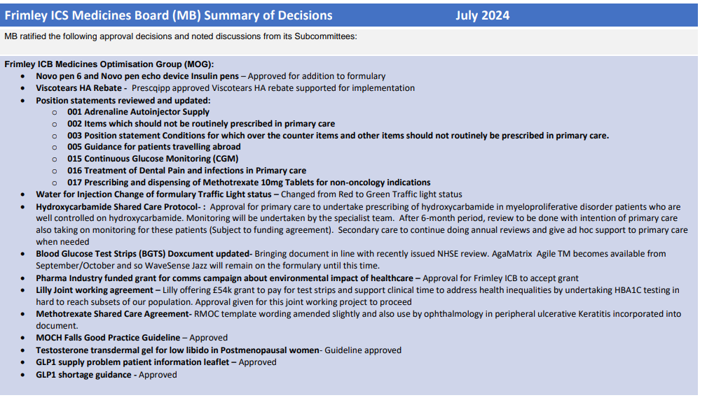 Medicines Board decision summary July 2024