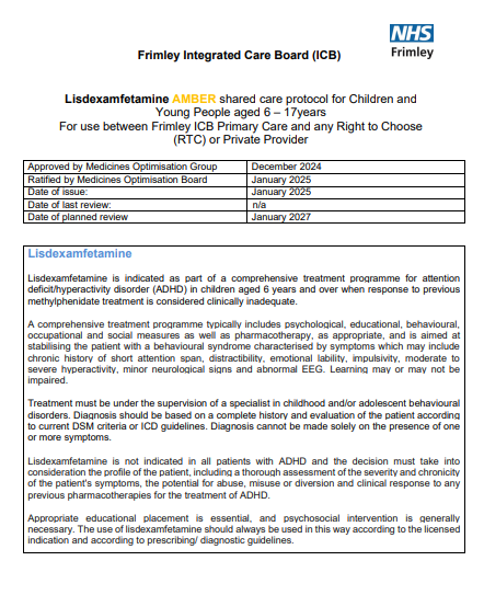 Lisdexamfetamine- shared care for CYP. For use between Frimley ICB primary care and RTC