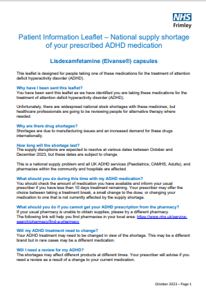 Lisdexamfetamine supply shortage-  patient information leaflet