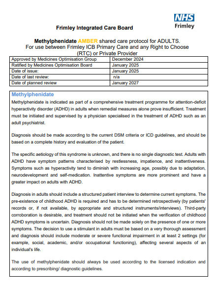 Methylphenidate- shared care for ADULTS. For use between Frimley ICB primary care and RTC