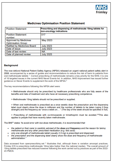 017 MOG Position Statement- Methotrexate 10mg tablets