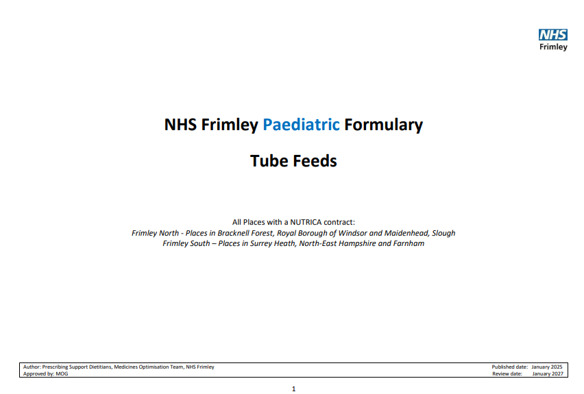NHS Frimley paediatric formulary- tube feeds