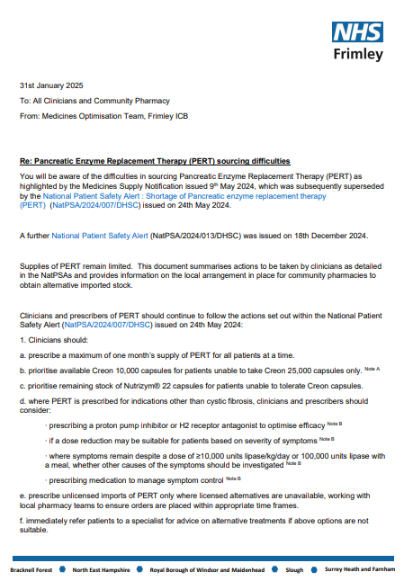 PERT sourcing solutions- letter to clinicians and community pharmacy