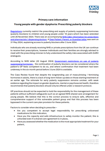 Young people with gender dysphoria-  prescribing puberty blockers