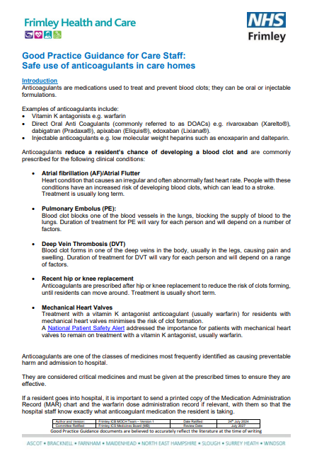 Safe use of anticoagulants in care homes- good practice guide