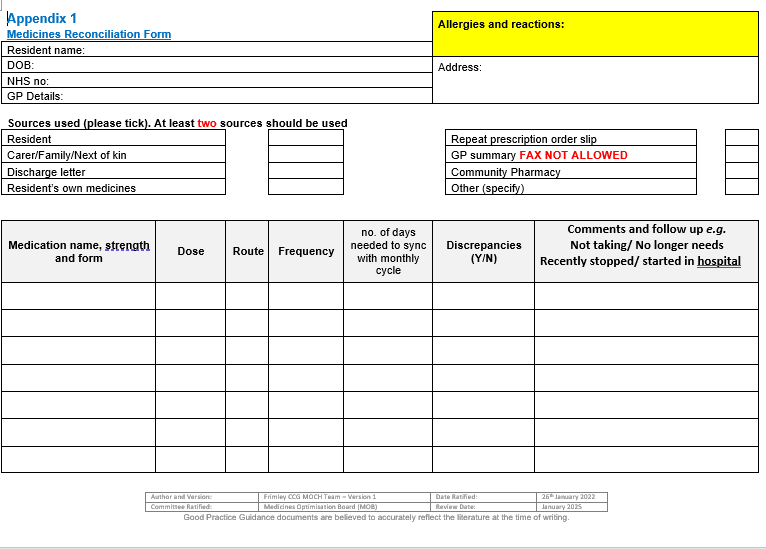 Medicines reconciliation form (WORD document)