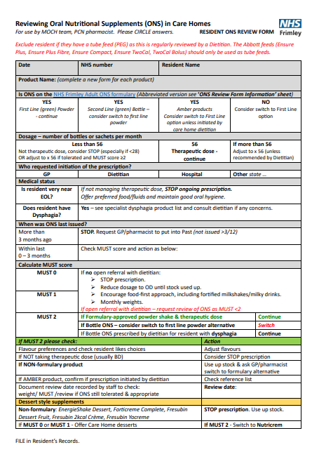 Reviewing oral nutritional supplements (ONS)  in care homes