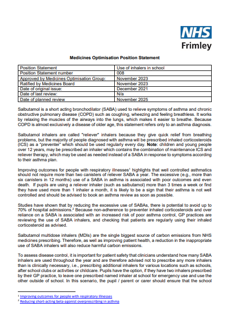 008 MOG Postion Statement- Salbutamol inhalers in schools