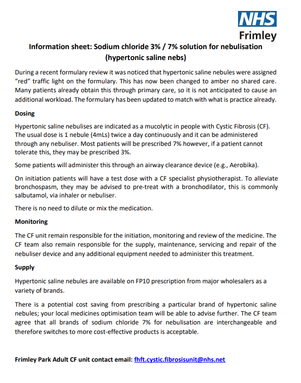 Hypertonic saline nebules in Cystic Fibrosis- information sheet