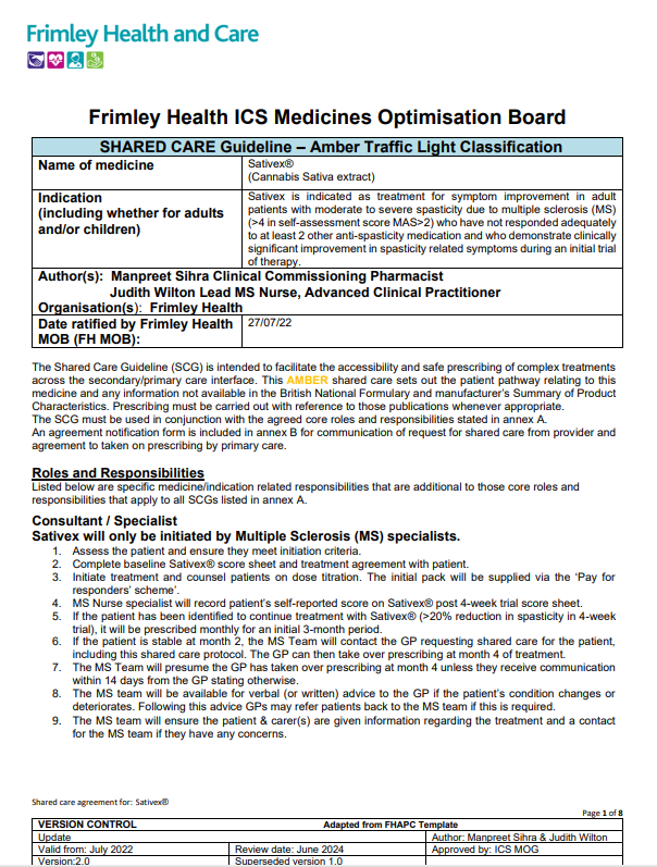 Sativex in multiple sclerosis- shared care