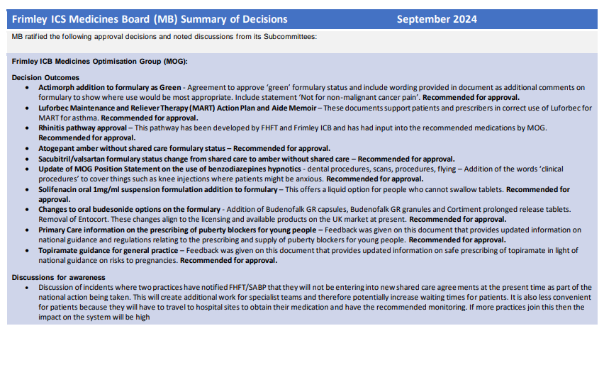 Medicines Board decision summary September 2024