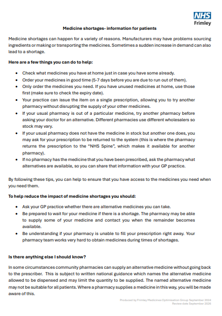 Medicines shortages-information for patients