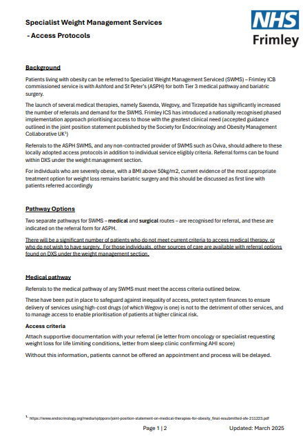 Access protocols and pathways for Specialist Weight Management Services (SWMS)
