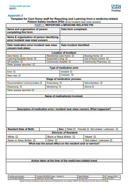 Reporting and learning from a medicine related Patient Safety Incident- template (PDF)