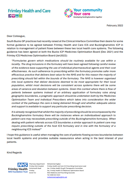 Formulary guidance letter for South Bucks GP practices