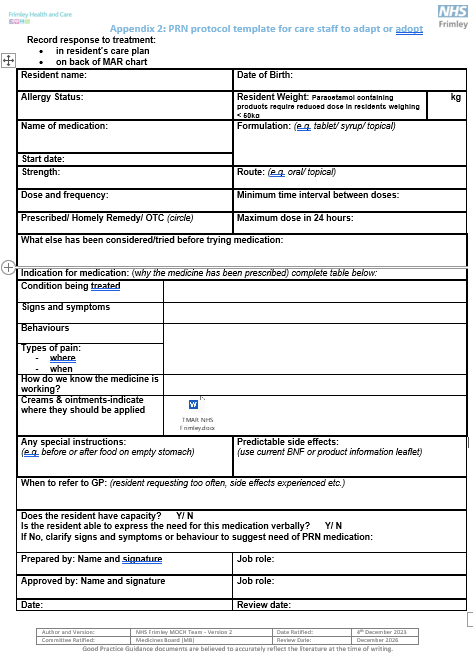 Medication to be taken when required (PRN) in care homes (protocol template in WORD)