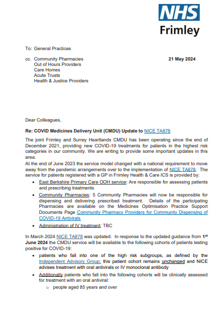 COVID Medicines Delivery Unit (CMDU) update- letter for GPs (May 24)