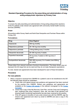 SOP- prescribing and administration of Long Acting Injectables (LAIs) by primary care